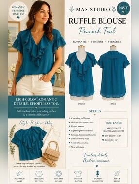 Max Studio Peacock Teal Blue Flutter Sleeve Coastal Blouse Romantic L
